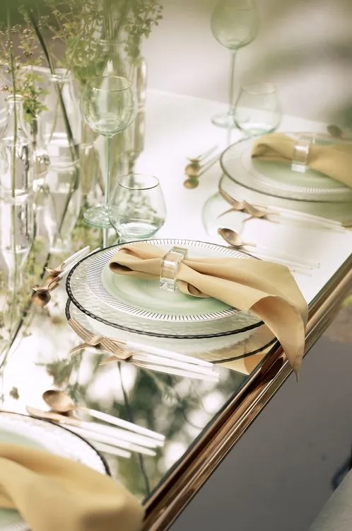 Полевой сет за зеркальным прямоугольным столом